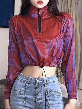 Cropped Red Zip-Front Jacket with Subtle Blue Sheen